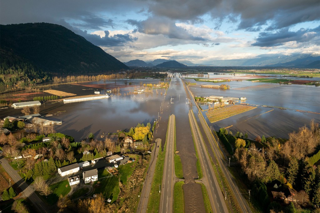 Floodwaters cover Highway 1 in Abbotsford, British Columbia.